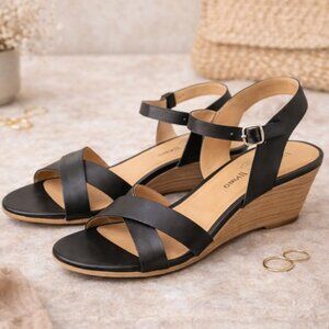 Lucky Brand Black Leather Wedge Sandals Ankle Strap Comfort Shoes Size 9